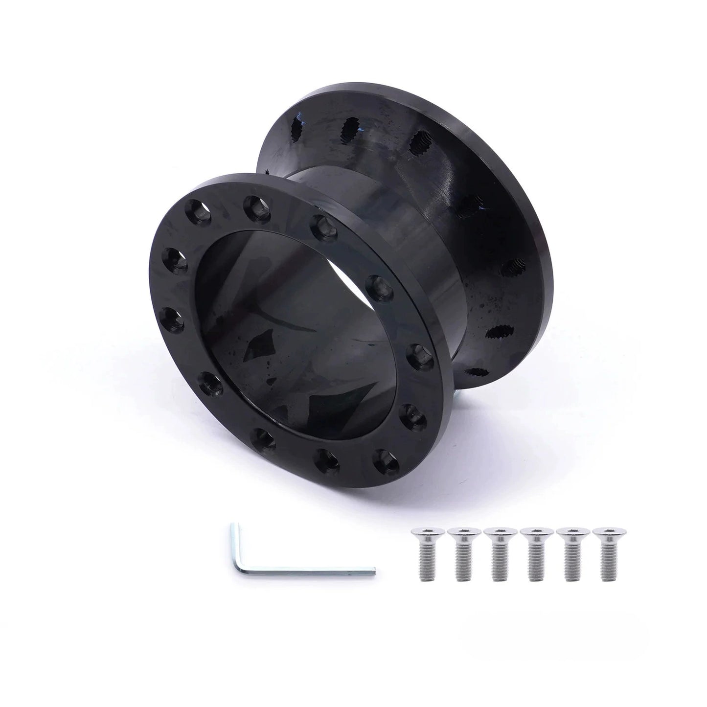 Automotive modification steering wheel heightening pads, and metal heightening pads for racing car modification.