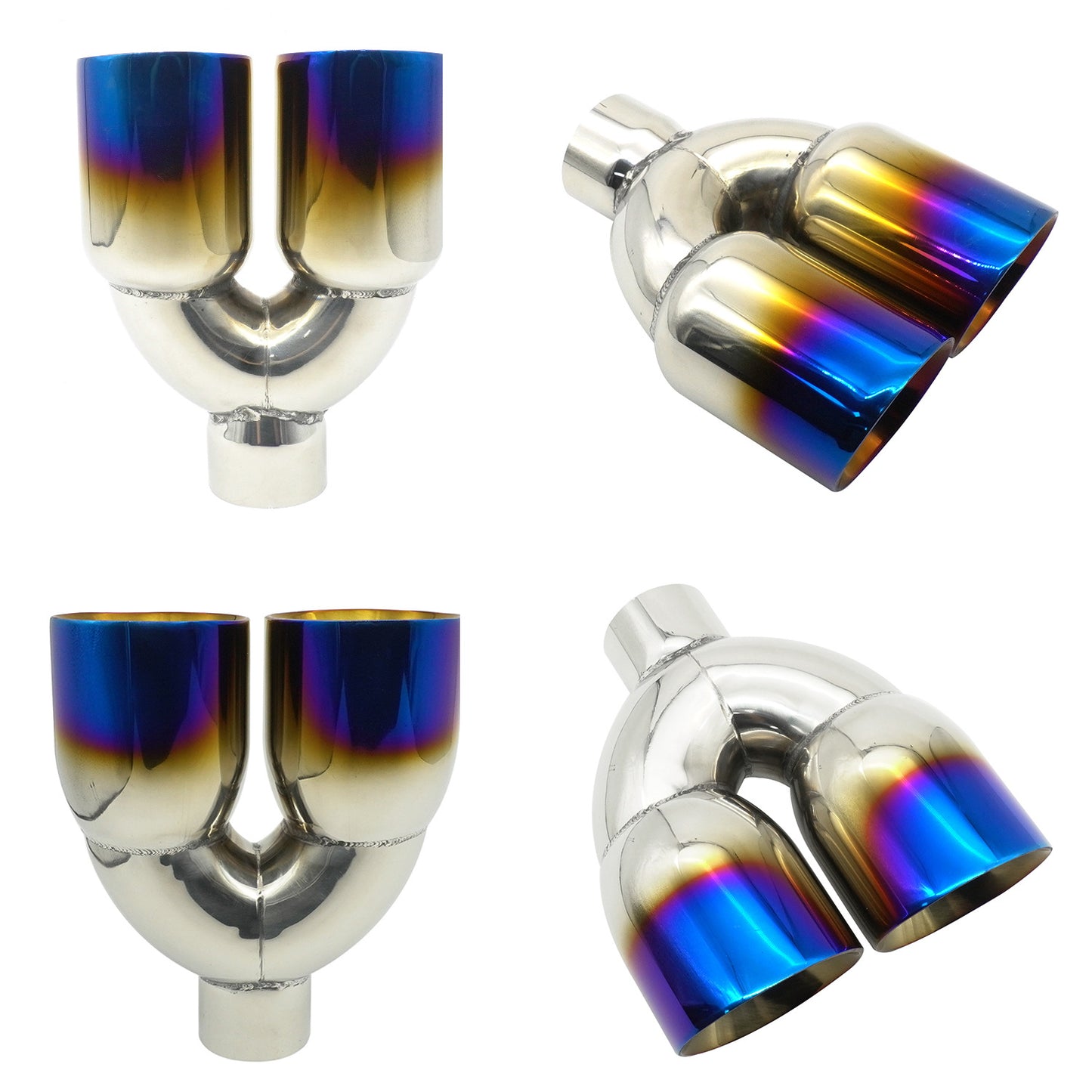 Automotive stainless steel dual-exit tailpipe tip muffler with blue-plated exhaust pipe