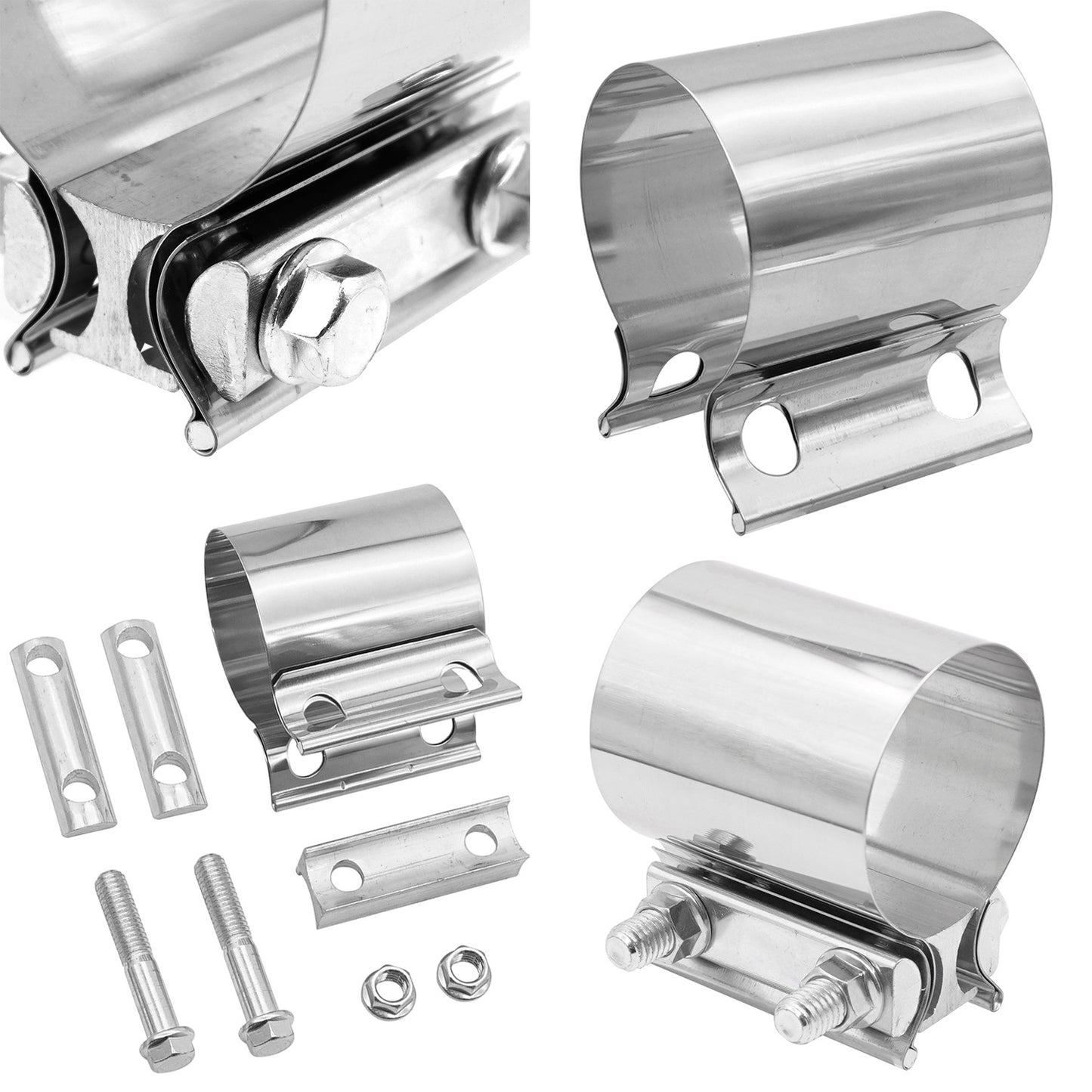 Automotive exhaust pipe clamp, butt joint pipe clip, noise reduction