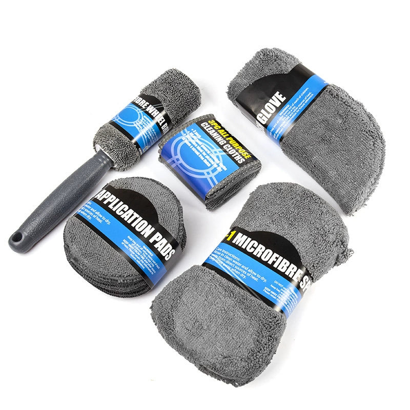 9PCS Car Cleaning Tool Set. This car wash cleaning kit includes car washing and wiping towels, a polishing and waxing tool, a tire brush, and gloves.