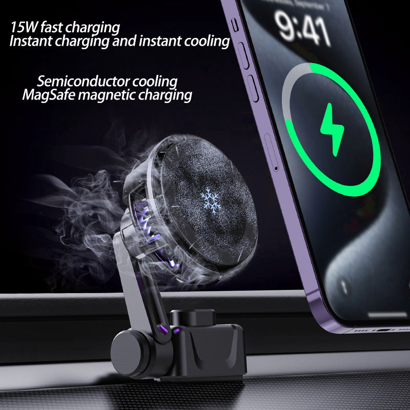 Cooling car phone mount with ambient light, MagSafe magnetic 15W wireless charger, suitable for Tesla
