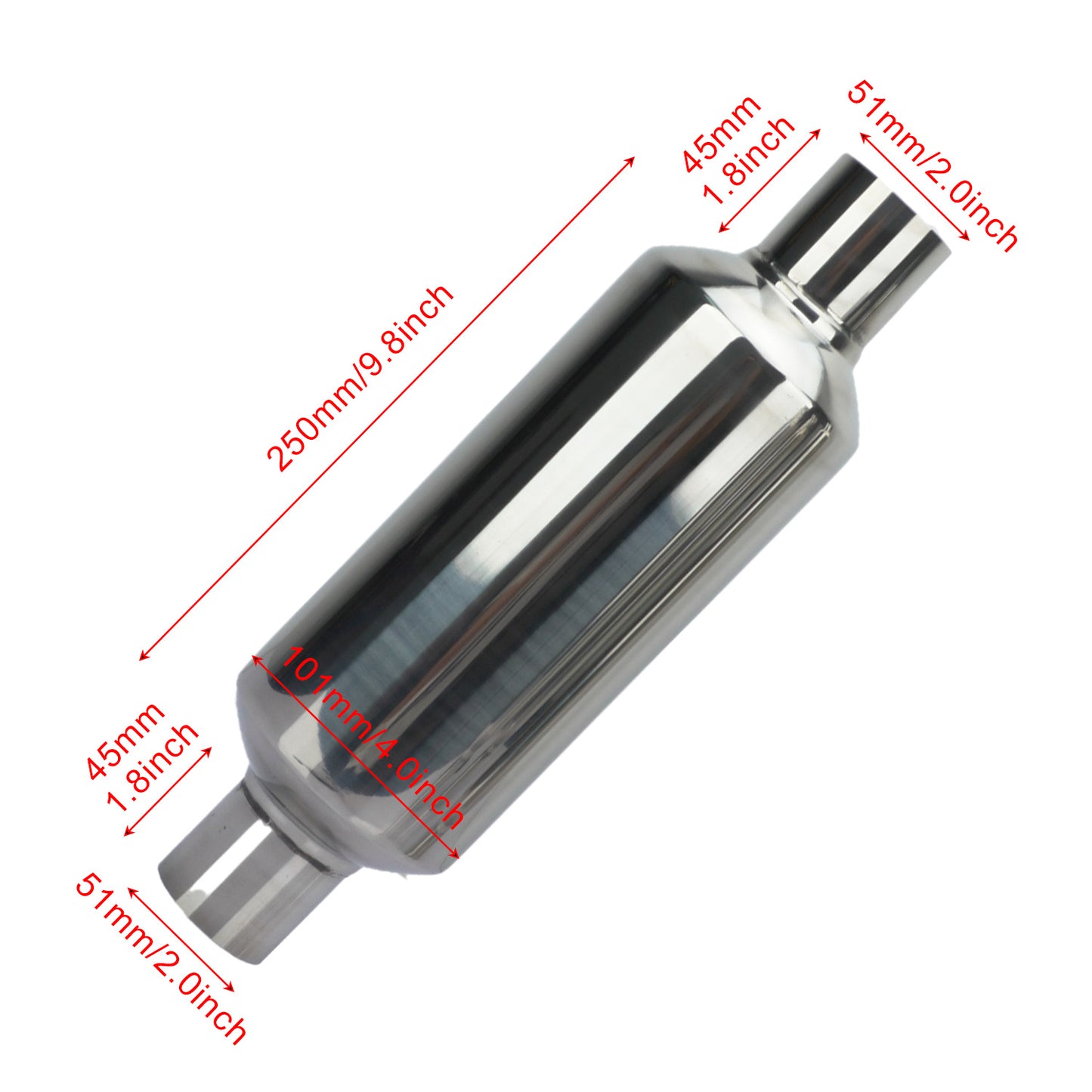 Stainless steel exhaust pipe muffler, straight exhaust type with bright silver decorative finish