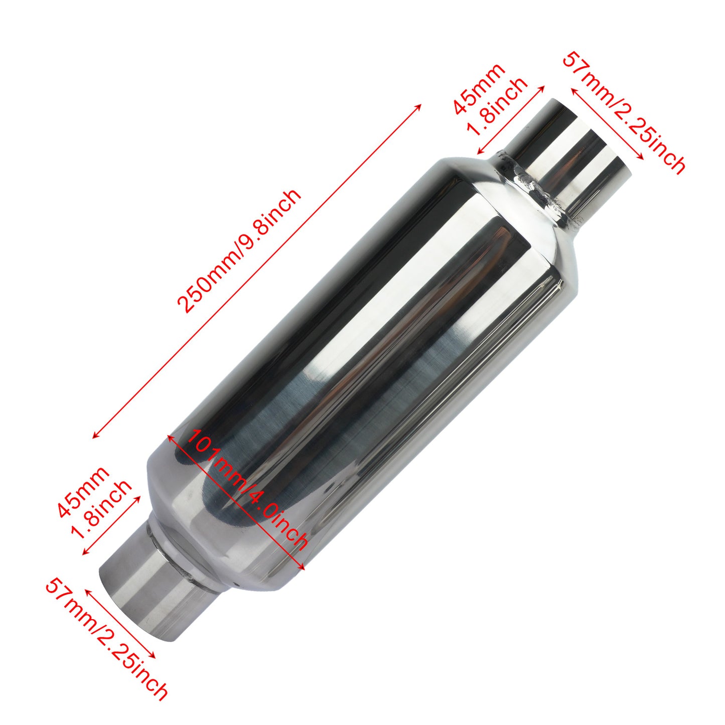 Stainless steel exhaust pipe muffler, straight exhaust type with bright silver decorative finish