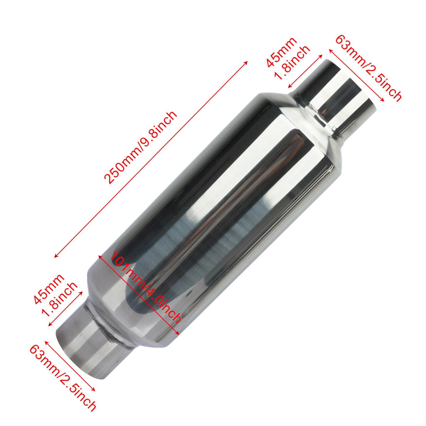 Stainless steel exhaust pipe muffler, straight exhaust type with bright silver decorative finish