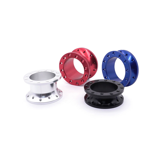 Automotive modification steering wheel heightening pads, and metal heightening pads for racing car modification.